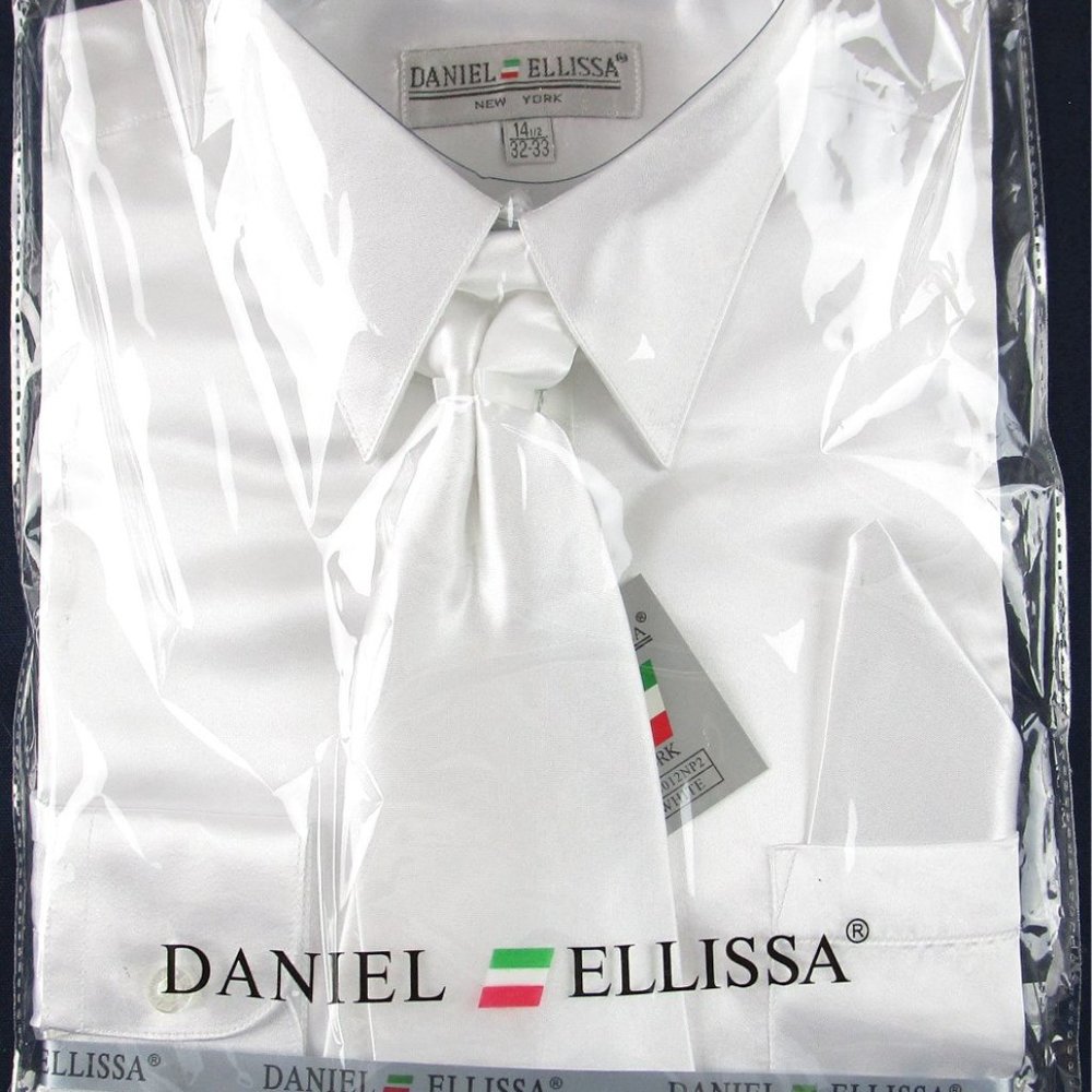 NWT Daniel Ellissa Men's Shiny White Satin Dress Shirt & Tie Set, 14.5 (32/33)